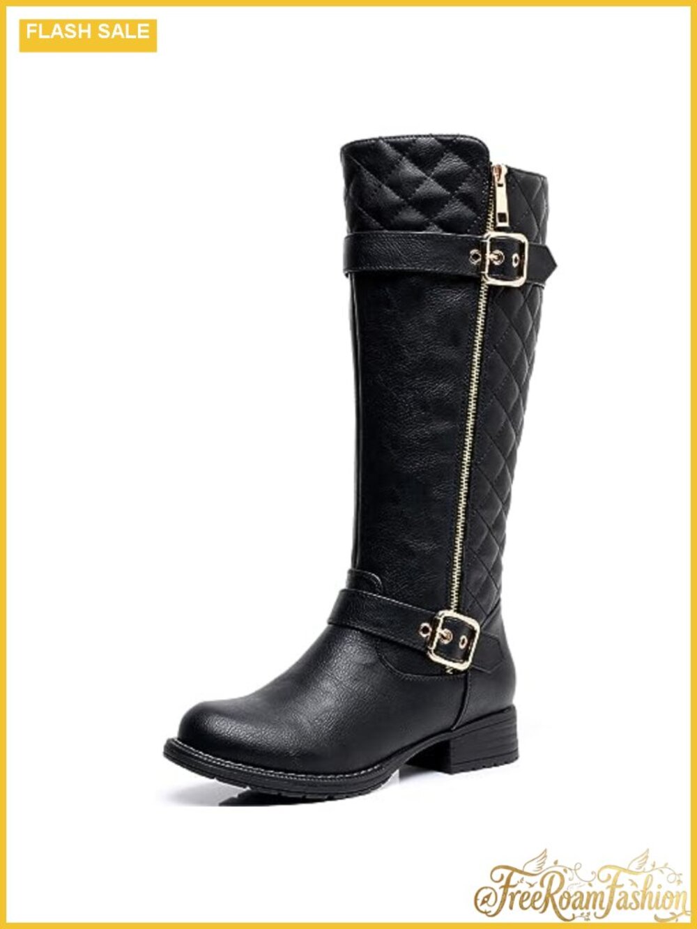 Women's Quilted Knee High Boots Faux Leather Low Heel Riding Boots